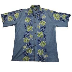 Urgent Gear Sportswear Button Up Shirt Men XL Blue EUC Tropical Floral Cotton